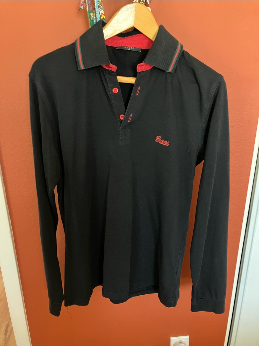 Gucci Black Long-Sleeve Polo with Red Trim and Embroidered Logo